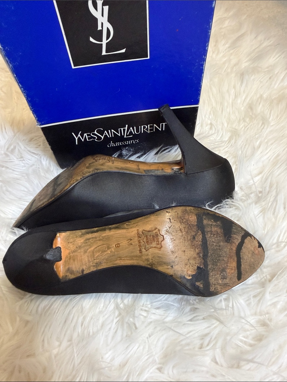 VINTAGE, Yves Saint Laurent Black Satin Pointed-Toe Kitten Heel Pumps Sz 9 - Picture 6 of 13